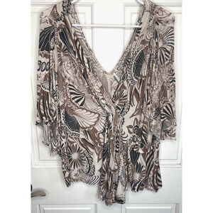 Free People Women's Amour Abstract Floral Cold Shoulder Top Sz L Boho Hippie